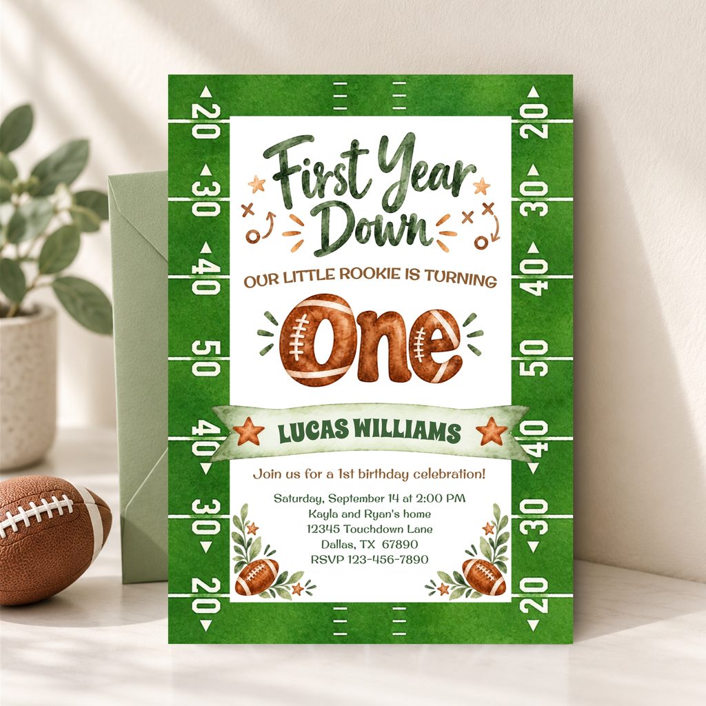 First Year Down football first birthday invitation featuring watercolor football lettering, a green football field, and editable party details.